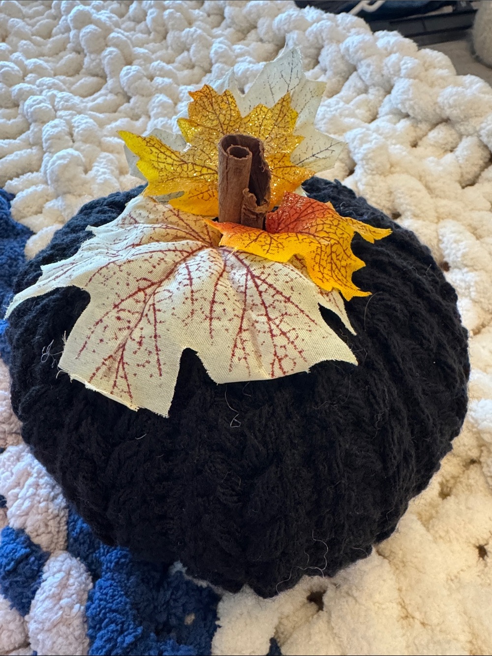 Handcrafted Black Knit Decorative Pumpkin with Fall Leaves